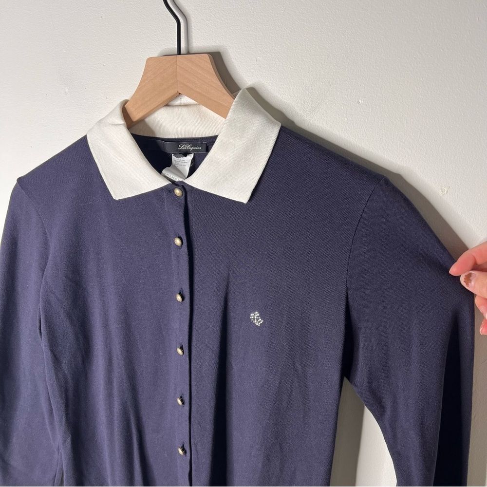 Les Copains Navy Button Down Sweater with White Collar Cardigan Top size 44 prep - Picture 2 of 8